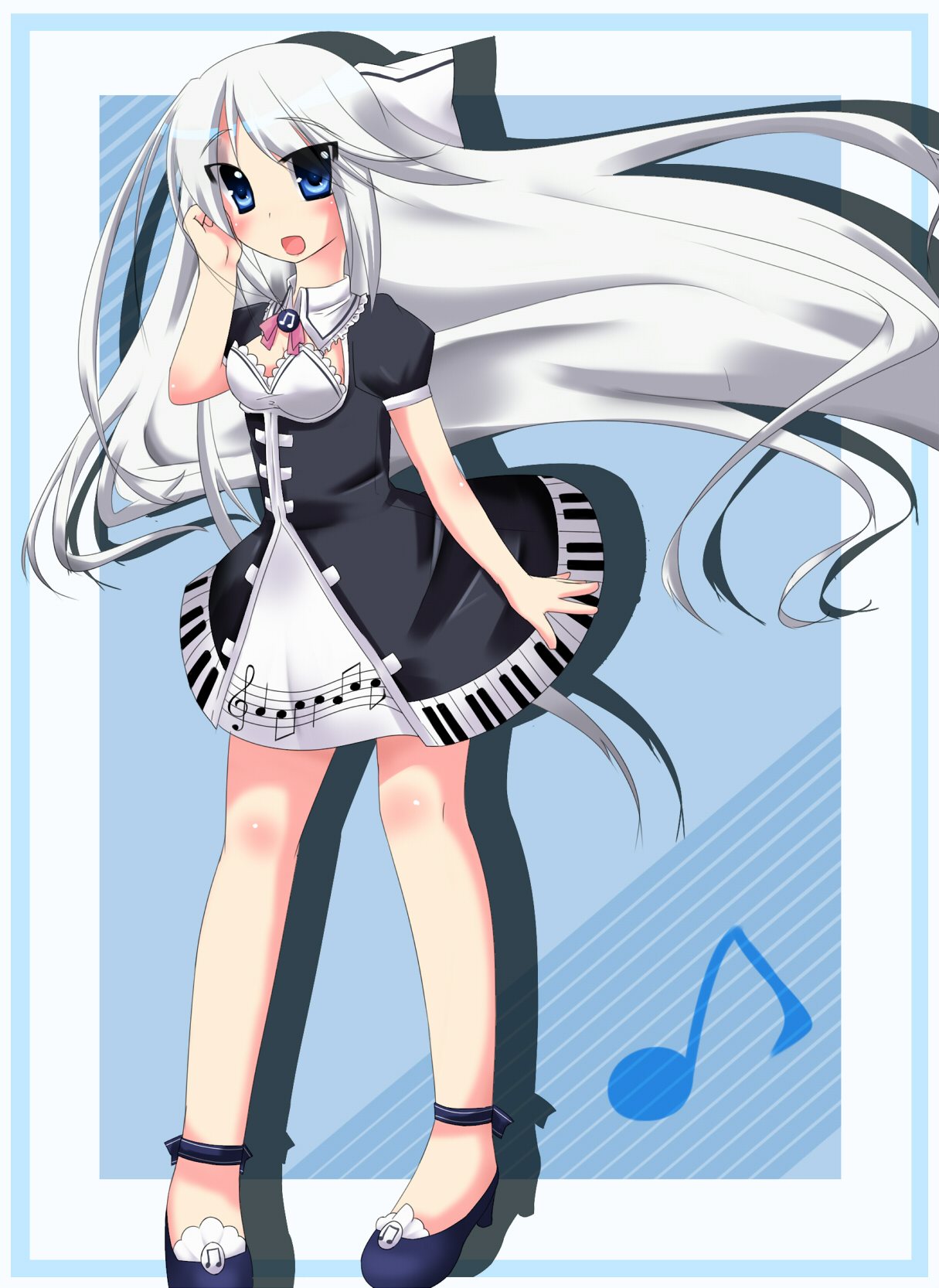 arin (pangya), pangya, highres, blue eyes, dress, instrument, long hair, music, open mouth, piano print, solo, white hair