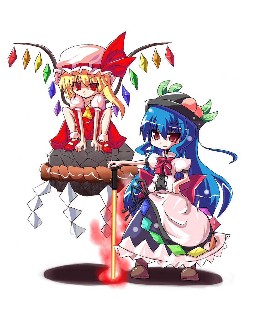 kuraryu, flandre scarlet, hinanawi tenshi, touhou, bad id, bad pixiv id, 2girls, blonde hair, blue hair, chibi, female focus, food, fruit, hat, kaname-ishi, mob cap, multiple girls, peach, rainbow order, red eyes, ribbon, rope, shide, shimenawa, sword, sword of hisou, weapon, wings