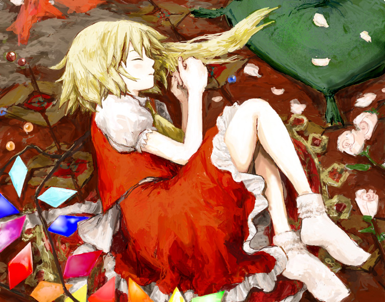 poncho (poncho), flandre scarlet, touhou, 1girl, blonde hair, female focus, flower, from above, from side, full body, indoors, marble (toy), ponytail, short hair, short hair with long locks, sleeping, socks, solo, white socks, wings