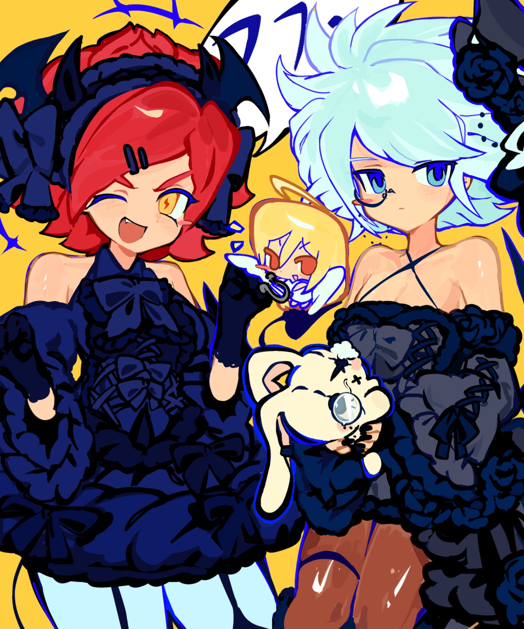 afuro terumi, nagumo haruya, suzuno fuusuke, inazuma eleven, inazuma eleven (series), highres, 2girls, bare shoulders, black dress, blonde hair, blush, chibi, demon horns, dress, frills, genderswap, genderswap (mtf), holding, holding stuffed toy, horns, lemimmm, long bangs, long sleeves, looking at viewer, multiple girls, one eye closed, open mouth, pantyhose, round eyewear, short hair, simple background, stuffed toy, yellow background