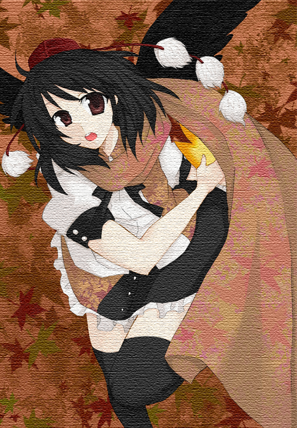marina (pixiv), shameimaru aya, touhou, bad id, bad pixiv id, 1girl, black hair, black wings, expressionless, female focus, hat, looking at viewer, open mouth, short hair, skirt, solo, thighhighs, wings