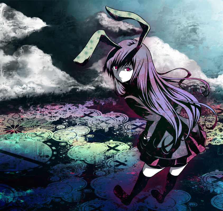 taha, reisen udongein inaba, touhou, 1girl, animal ears, female focus, long hair, outdoors, purple hair, rabbit ears, skirt, sky, solo, thighhighs