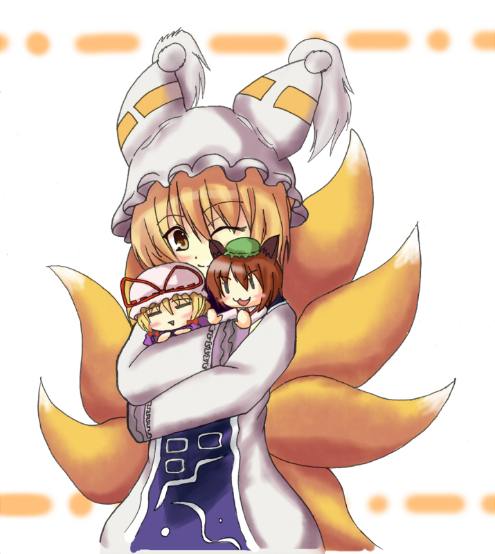matsudaira hayato, chen, yakumo ran, yakumo yukari, touhou, 3girls, :3, animal ears, animal hat, blonde hair, blush stickers, character doll, doll, female focus, fox ears, fox tail, hat, long sleeves, mob cap, multiple girls, multiple tails, one eye closed, short hair, tail, tassel, wide sleeves, wink, yellow eyes
