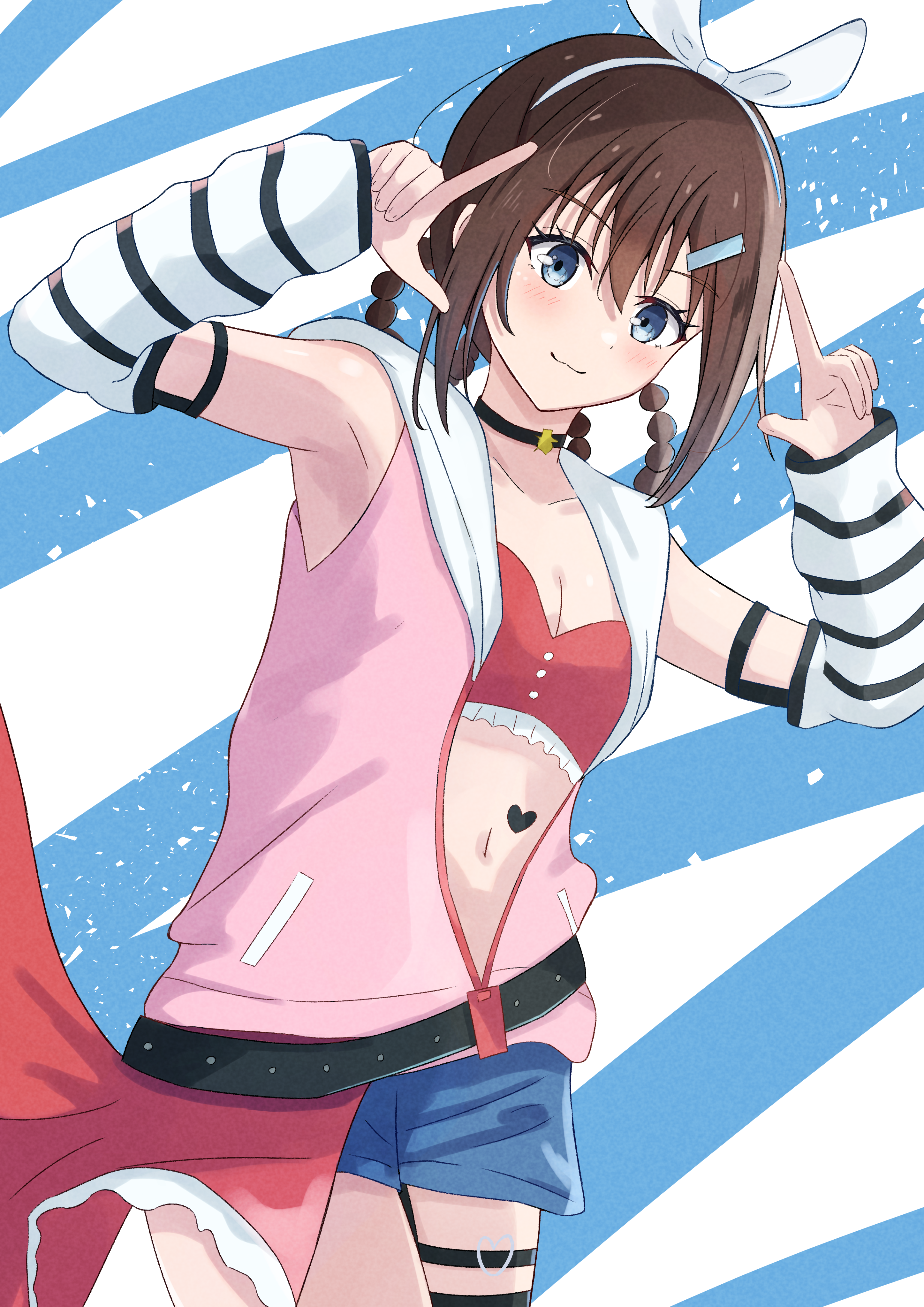 beniyomogi, osaka shizuku, love live!, love live! nijigasaki high school idol club, love live! nijigasaki high school idol club the movie – finale, absurdres, commentary request, highres, 1girl, armpits, arms up, belt, bikini, black choker, blue eyes, blue shorts, blush, bow hairband, braid, braided hair rings, breasts, brown hair, choker, cleavage, closed mouth, collarbone, double finger gun, finger gun, hair between eyes, hair ornament, hair rings, hairband, hairclip, heart, heart tattoo, jacket, looking at viewer, medium breasts, multiple thigh straps, navel, official alternate costume, official alternate hairstyle, pink jacket, red bikini, rise up high! (love live!), shorts, sidelocks, sleeveless, sleeveless jacket, smile, solo, striped arm warmers, swimsuit, tattoo, thigh strap, white hairband