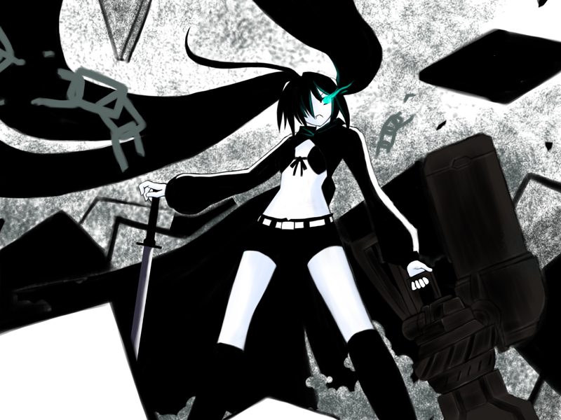 kurosawa satori, black rock shooter (character), hatsune miku, black rock shooter, vocaloid, bad id, bad pixiv id, 10s, 1girl, black hair, blue eyes, female focus, long hair, midriff, monochrome, shorts, solo, spot color, sword, twintails, weapon
