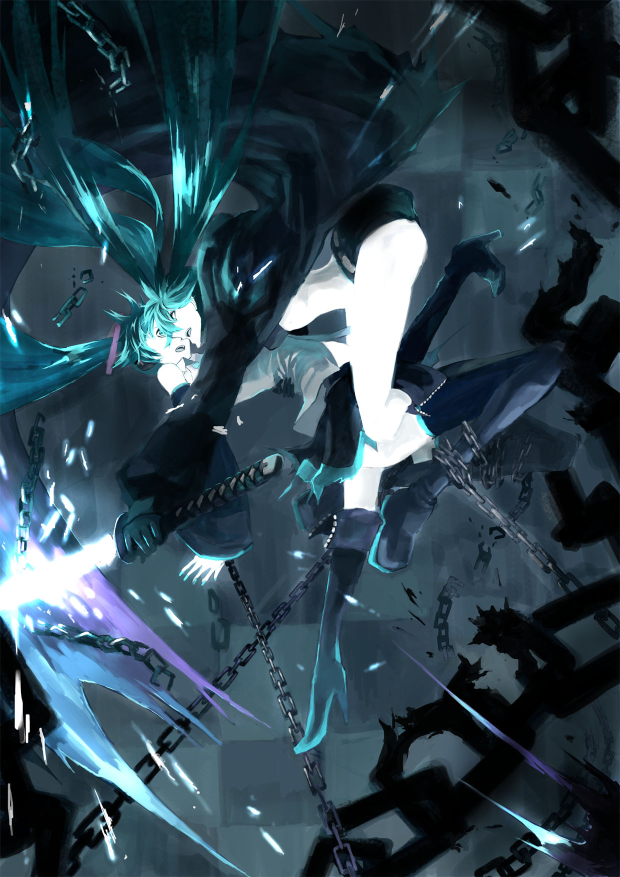 9ji, 9ji (8giri), black rock shooter (character), hatsune miku, black rock shooter, vocaloid, highres, 10s, 2girls, arched back, bikini, bikini top only, black bikini, black hair, blue eyes, boots, checkered background, female focus, glowing, high heel boots, high heels, holding, holding sword, holding weapon, long hair, midriff, miniskirt, multiple girls, shorts, skirt, swimsuit, sword, thighhighs, twintails, very long hair, weapon