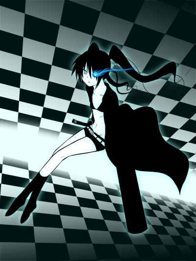 chipa (arutana), black rock shooter (character), hatsune miku, black rock shooter, vocaloid, bad id, bad pixiv id, 10s, 1girl, black hair, blue eyes, blue theme, female focus, long hair, midriff, monochrome, shorts, solo, twintails