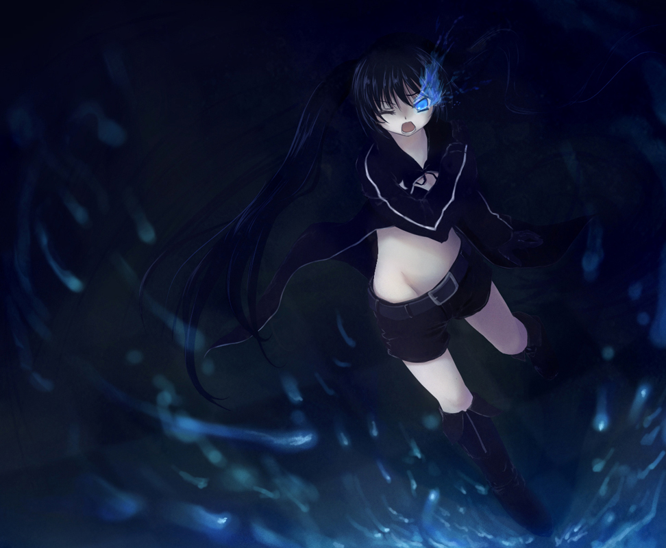 hinoeya kiuri, kazakura, black rock shooter (character), hatsune miku, black rock shooter, vocaloid, bad id, bad pixiv id, 10s, 1girl, black hair, blue eyes, female focus, long hair, midriff, shorts, solo, twintails