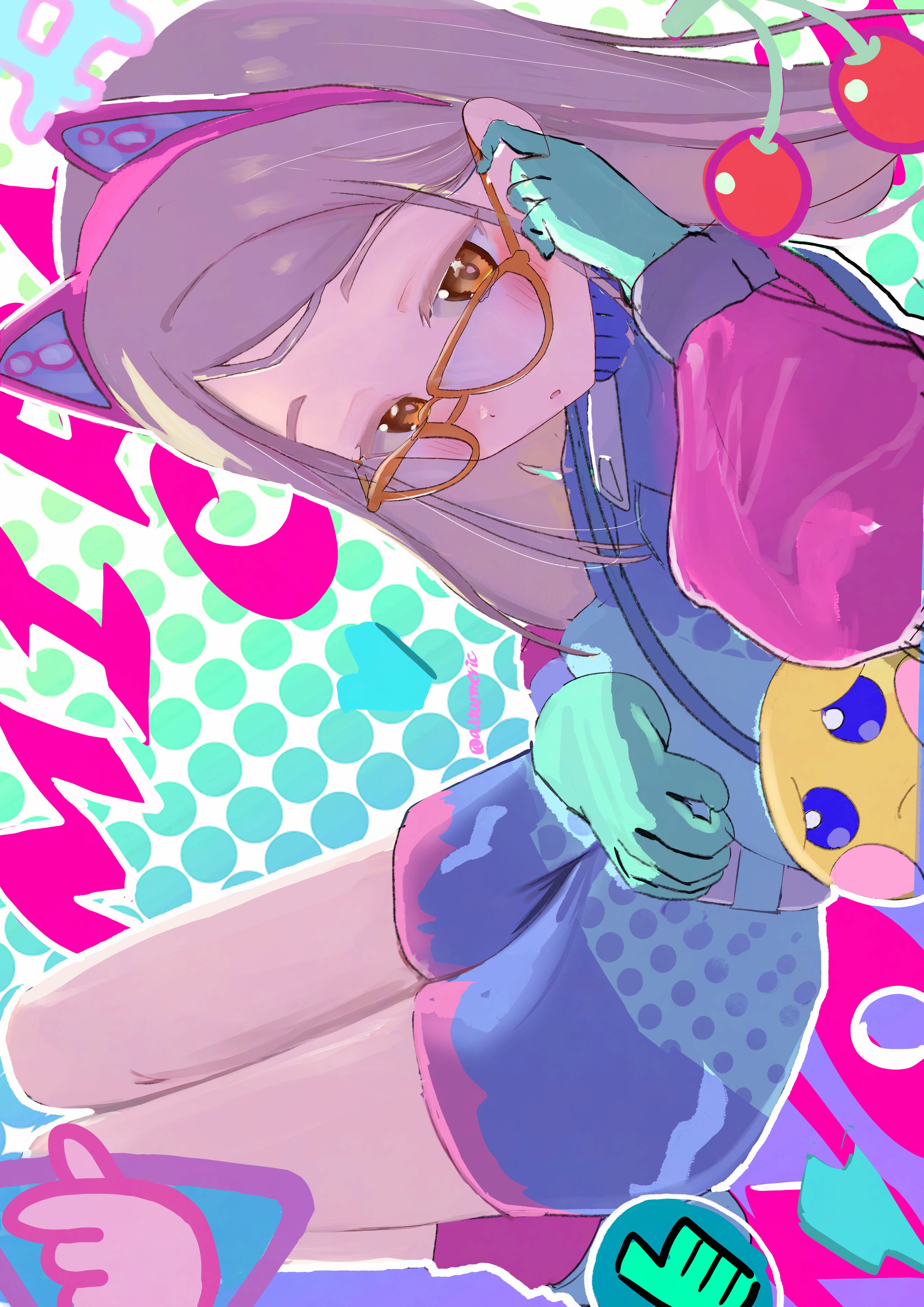 aiturmeric, shinosawa hiro, gakuen idolmaster, idolmaster, absurdres, commentary request, highres, 1girl, adjusting eyewear, animal ear hairband, animal ears, aqua gloves, bag, belt, blue jacket, blue shoes, blue shorts, blush, cat ear hairband, cat ears, cherry, colored eyelashes, colorful background, emoji, eyelashes, fake animal ears, food, fruit, full body, glasses, gloves, grey hair, hairband, hand on own stomach, hand up, jacket, knees up, long hair, long sleeves, looking at viewer, lying, miracle na now! (idolmaster), multicolored jacket, multicolored shorts, orange-framed eyewear, orange eyes, parted bangs, parted lips, pink jacket, pink shorts, pink socks, pleading face emoji, polka dot, polka dot background, puffy sleeves, shoes, shorts, shoulder bag, sideways, socks, solo, twitter username, zipper