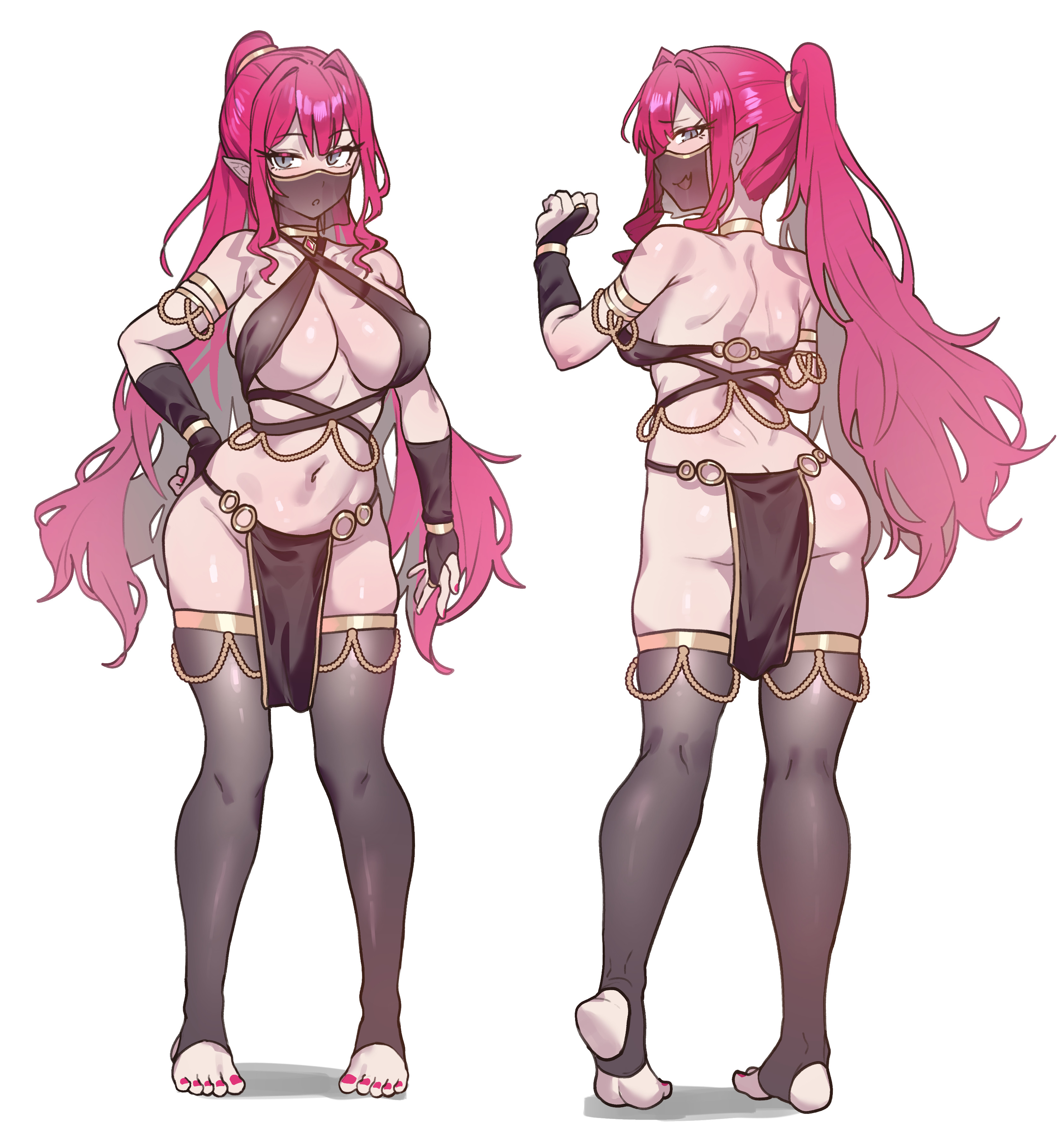 radishkek, baobhan sith (fate), fate/grand order, fate (series), absurdres, highres, non-web source, 1girl, alternate hairstyle, ass, black thighhighs, breasts, bridal gauntlets, from behind, full body, grey eyes, hand on own hip, harem outfit, large breasts, looking at viewer, mouth veil, multiple views, navel, pelvic curtain, pointy ears, ponytail, revealing clothes, sidelocks, smile, soles, stirrup legwear, thighhighs, toeless legwear, toes, veil, white background