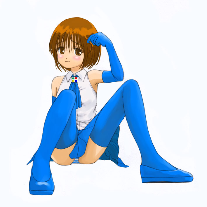 98-tan, os-tan, blush, bob cut, brown eyes, brown hair, elbow gloves, gloves, necktie, panties, pantyshot, product girl, sitting, solo, thighhighs, underwear