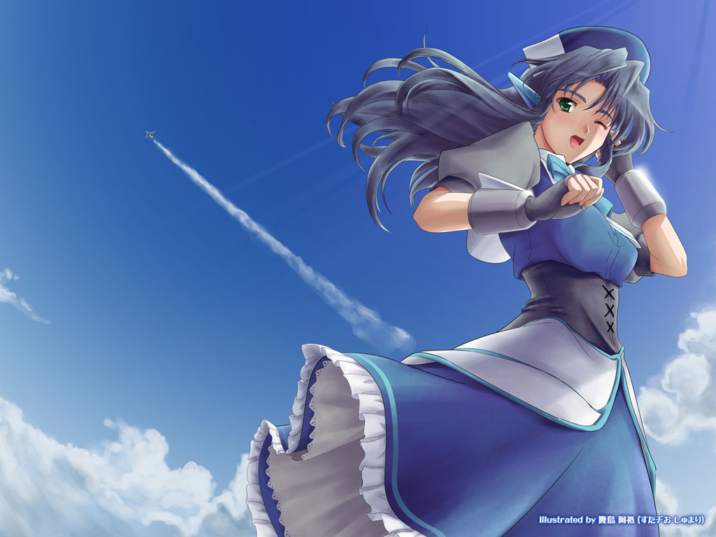 takashima aki, 1girl, blue hair, contrail, day, dress, female focus, gloves, green eyes, one eye closed, solo, wink