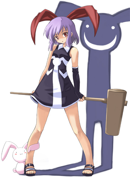 sakumo (karatama), original, 1girl, animal ears, dress, elbow gloves, gloves, hammer, purple hair, rabbit, rabbit ears, red eyes, shadow, stuffed animal, stuffed rabbit, stuffed toy