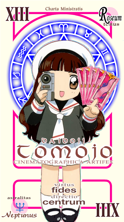 daidouji tomoyo, cardcaptor sakura, mahou sensei negima!, 1girl, camcorder, card, card (medium), character name, child, female focus, holding, holding card, pactio, parody, solo, video camera, zodiac