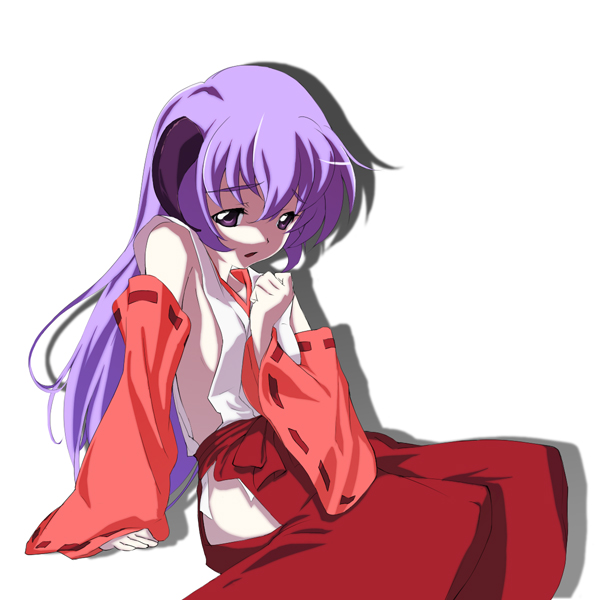 nirohi, hanyuu, higurashi no naku koro ni, 00s, 1girl, female focus, hakama, hakama skirt, horns, japanese clothes, long hair, miko, purple eyes, purple hair, red hakama, simple background, skirt, solo