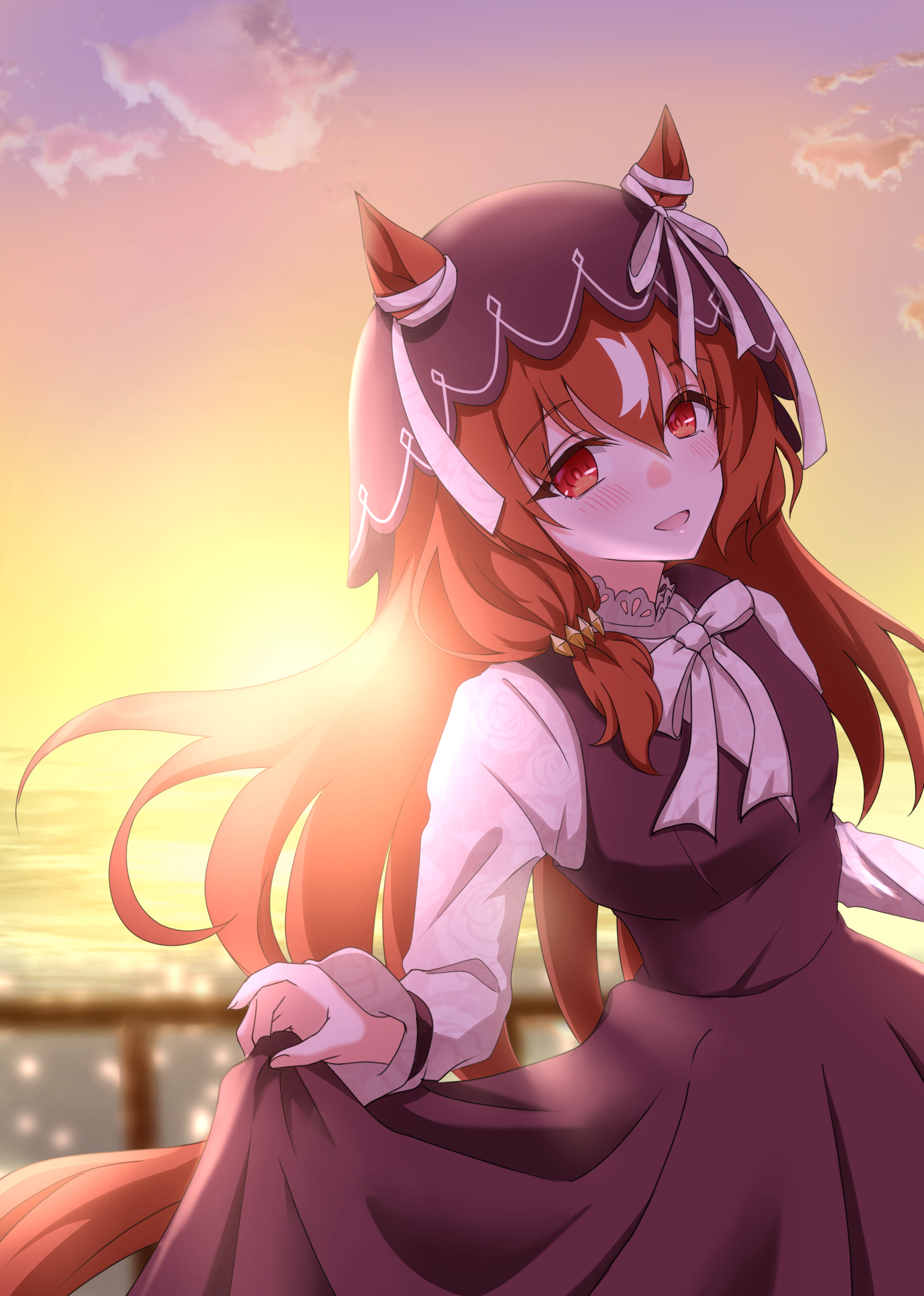 take20131004, still in love (umamusume), umamusume, absurdres, commentary request, highres, 1girl, animal ears, blurry, blurry background, blush, breasts, casual, hair between eyes, hair ornament, horse ears, horse girl, horse tail, looking at viewer, red eyes, small breasts, solo, sunset, tail