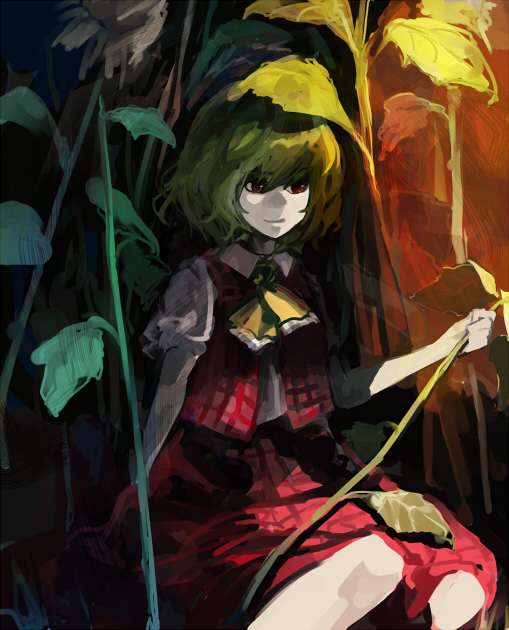 takishima asaka, kazami yuuka, touhou, 1girl, ascot, dark, female focus, light smile, plaid clothes, plaid skirt, plaid vest, sitting, skirt, skirt set, solo, vest