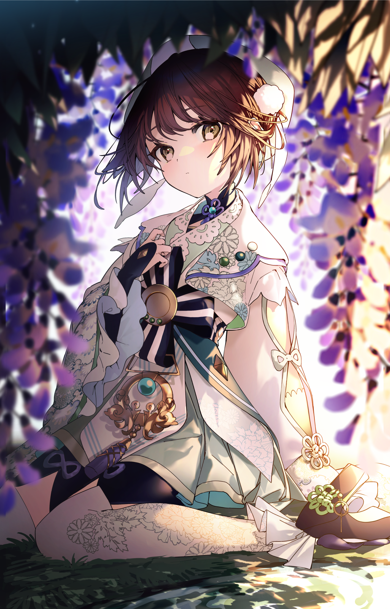 sa jitsu, touno riona, date+links!, commentary request, highres, 1girl, black bow, black bowtie, blurry, blurry background, blush, bow, bowtie, brown eyes, brown hair, closed mouth, dress, full body, hair ornament, hand up, long sleeves, looking at viewer, pom pom (clothes), pom pom hair ornament, short hair, sitting, solo, striped bow, striped bowtie, striped clothes, thighhighs, virtual youtuber, white dress, white hair, white thighhighs