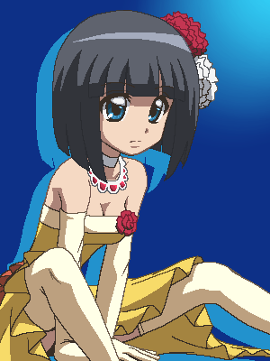 awa, minami akane, kirarin revolution, lowres, 00s, 1girl, black hair, blue eyes, breasts, cleavage, dress, elbow gloves, female focus, gloves, jaggy lines, medium breasts, oekaki, solo, thighhighs