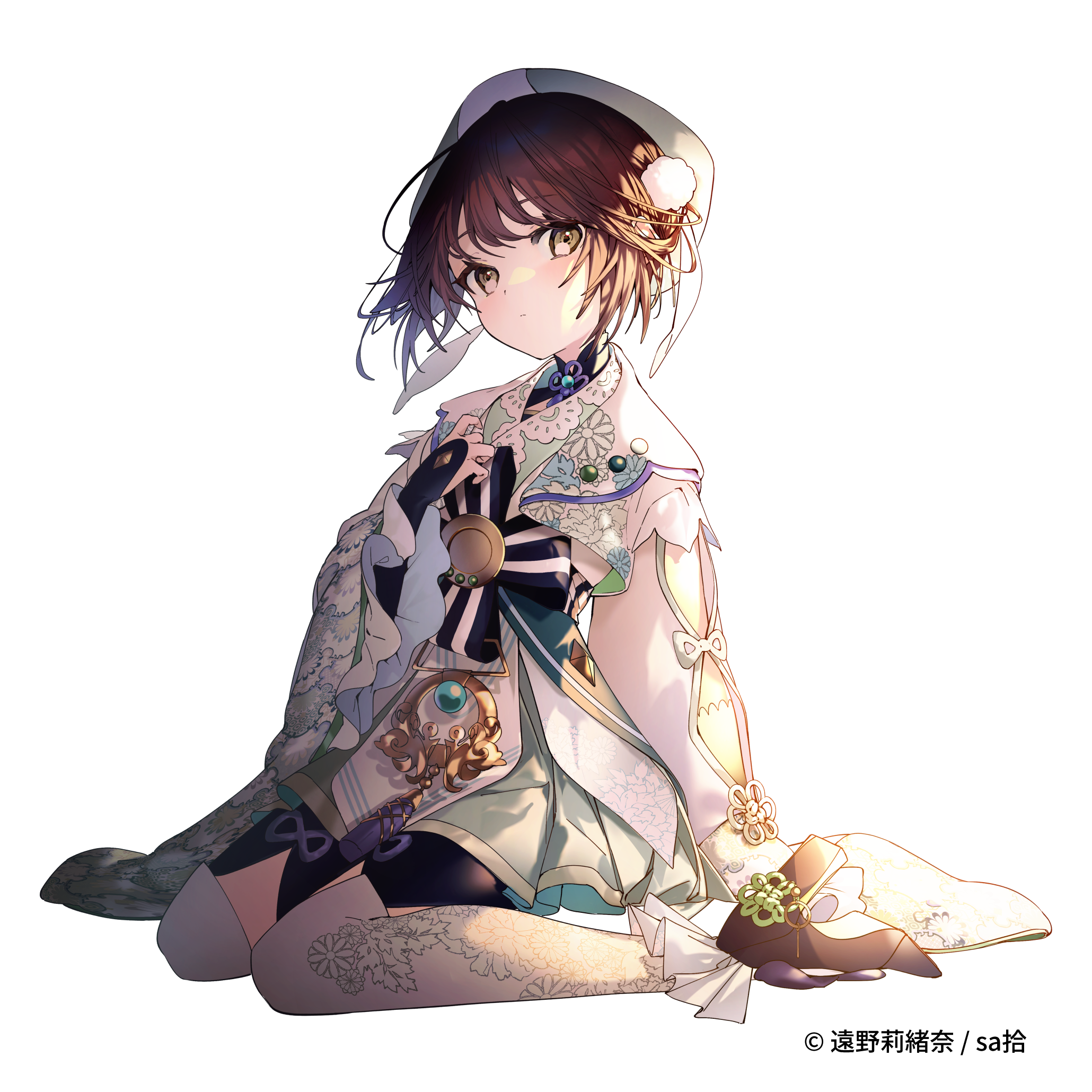 sa jitsu, touno riona, date+links!, commentary request, highres, 1girl, black bow, black bowtie, blush, bow, bowtie, brown eyes, brown hair, closed mouth, copyright notice, dress, full body, hair ornament, hand up, long sleeves, looking at viewer, pom pom (clothes), pom pom hair ornament, short hair, simple background, sitting, solo, striped bow, striped bowtie, striped clothes, thighhighs, virtual youtuber, white background, white dress, white hair, white thighhighs