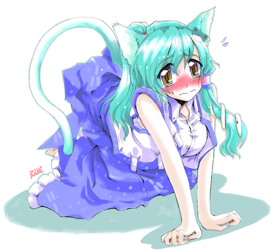 takana shinno, kochiya sanae, touhou, 1girl, all fours, animal ears, aqua hair, blush, cat ears, cat girl, cat tail, embarrassed, female focus, green hair, hair ornament, kemonomimi mode, pale skin, simple background, solo, tail, yellow eyes
