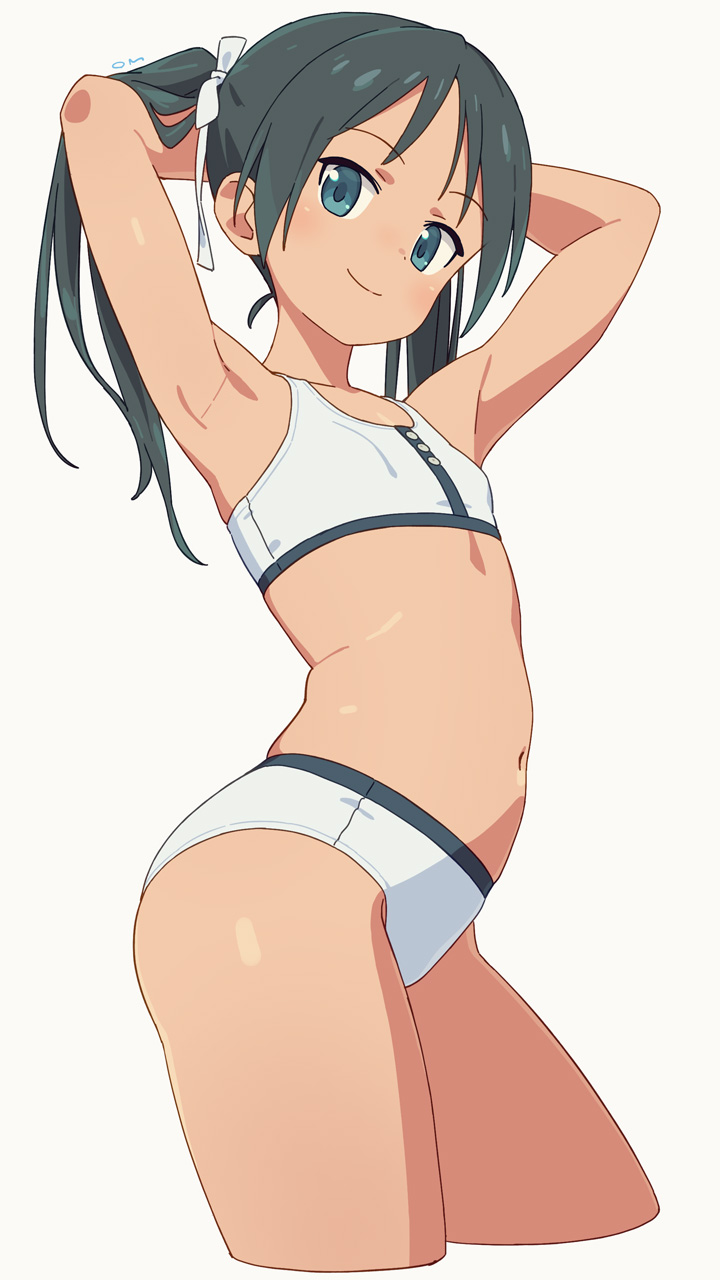 om (nk2007), francesca lucchini, strike witches, world witches series, highres, 1girl, armpits, arms behind head, arms up, bikini, breasts, green eyes, long hair, navel, ribbon, small breasts, smile, solo, stomach, swimsuit, thighs, twintails, white bikini, white ribbon