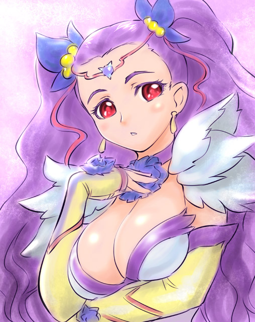 ueyama michirou, milk (yes! precure 5), milky rose, mimino kurumi, precure, yes! precure 5, yes! precure 5 gogo!, breast hold, 00s, 1girl, breasts, circlet, cleavage, earrings, eyelashes, female focus, jewelry, large breasts, purple hair, red eyes, solo, twintails, two side up