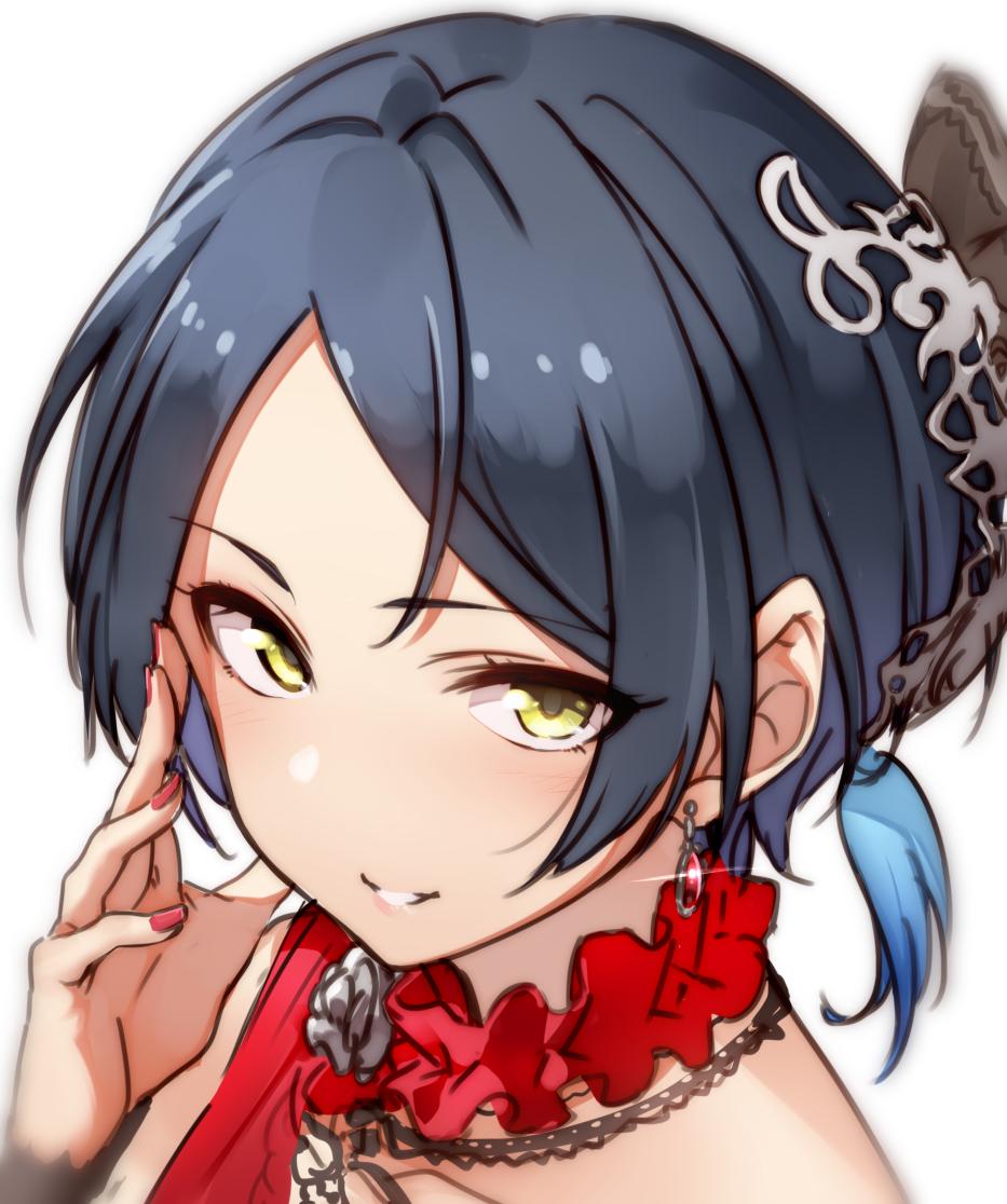kakaobataa, hayami kanade, idolmaster, idolmaster cinderella girls, 1girl, blue hair, collarbone, glint, hair ornament, hand on own face, jewelry, looking at viewer, nail polish, parted bangs, parted lips, pink nails, portrait, short hair, smile, solo, white background, yellow eyes