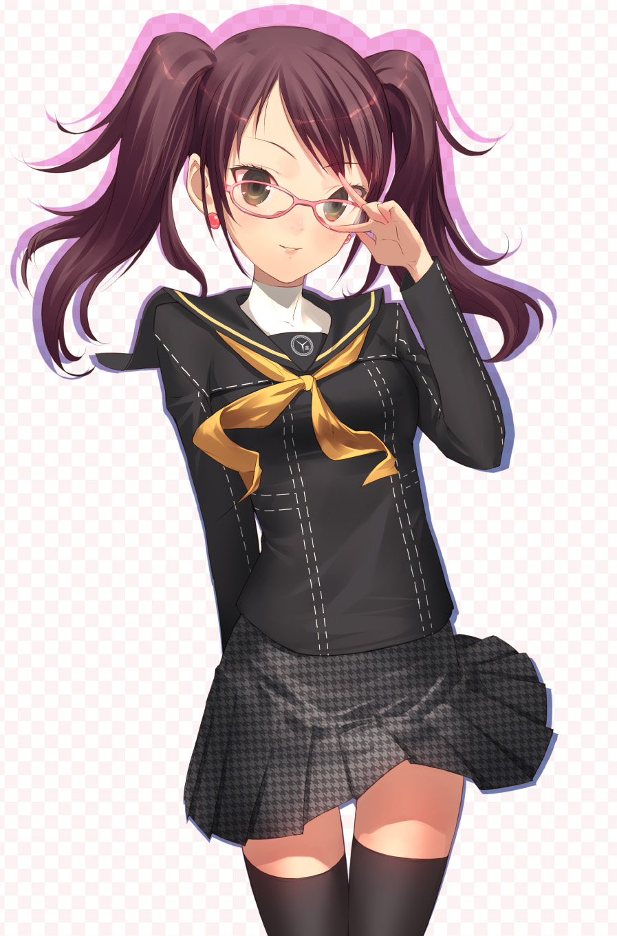 uni (plastic girl), kujikawa rise, atlus, persona, persona 4, highres, 1girl, female focus, glasses, school uniform, solo, thighhighs, twintails, zettai ryouiki