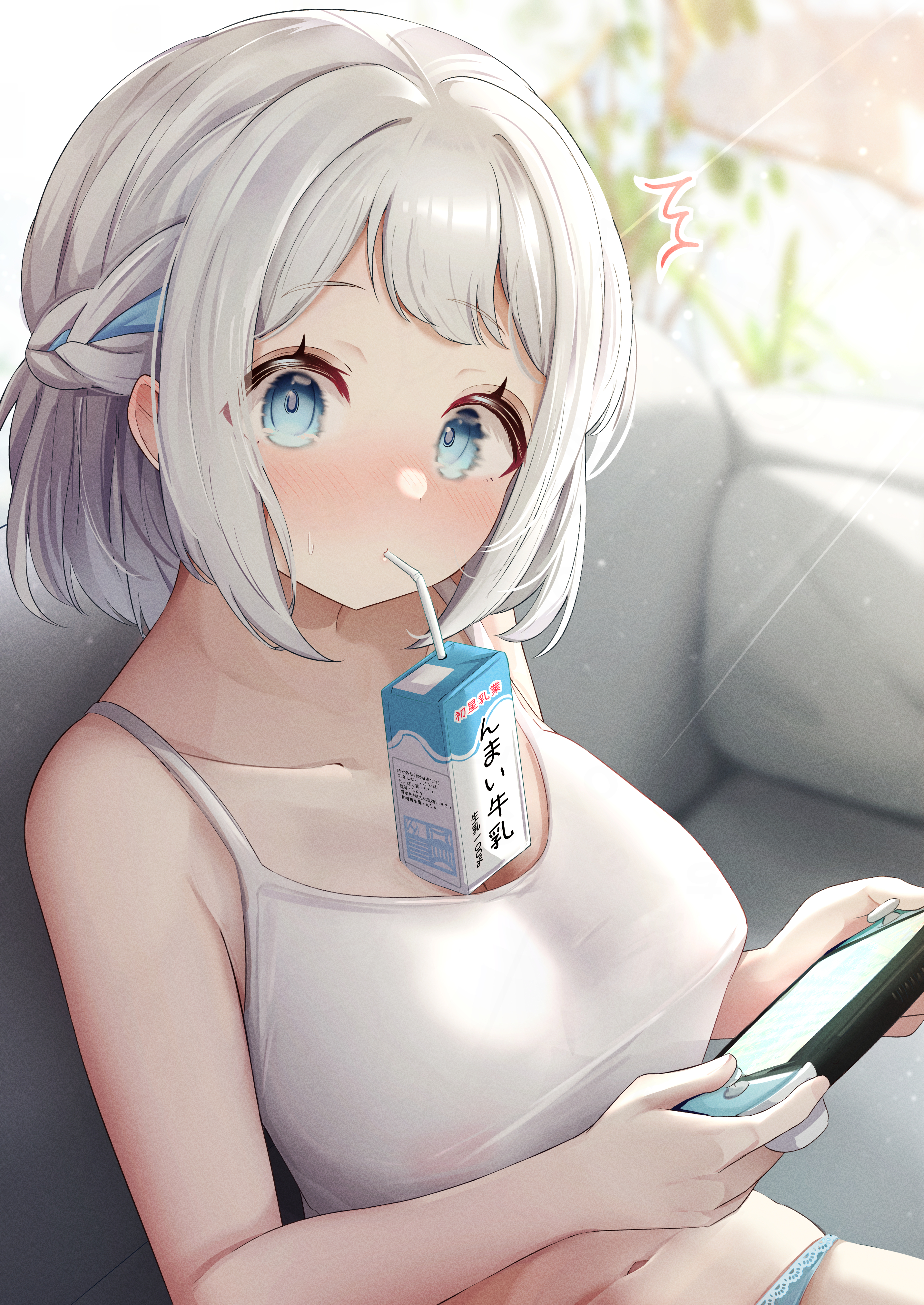 sky cappuccino, katsuragi lilja, gakuen idolmaster, idolmaster, absurdres, highres, 1girl, blue eyes, blue panties, blush, breasts, couch, nintendo switch, panties, short hair, sitting, solo, underwear