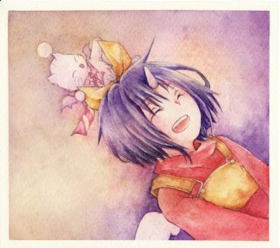 eiko carol, mog, moogle, final fantasy, final fantasy ix, lowres, 00s, 1girl, bow, child, hair bow, horns, purple hair, short hair, single horn, yellow bow