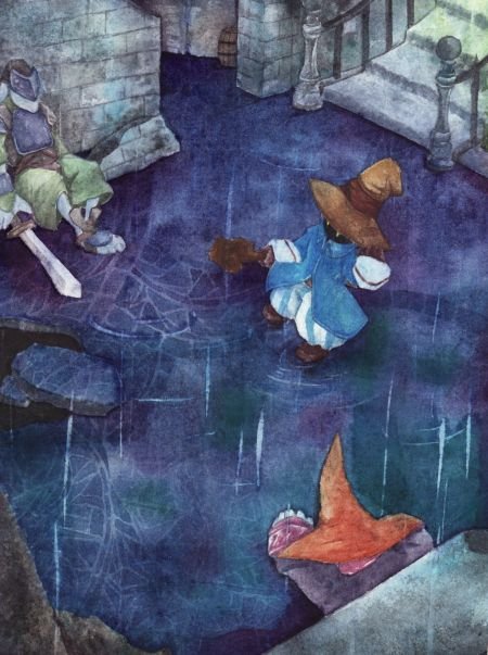 black mage (final fantasy), vivi ornitier, vivi orunitia, final fantasy, final fantasy ix, 00s, 3boys, armor, barrel, brick wall, broken, dark, from above, gloves, hat, helmet, holding, holding staff, holding sword, holding weapon, lying, male focus, multiple boys, outdoors, pants, pavement, railing, rain, ripples, shoes, sitting, soldier, staff, stairs, standing, sword, water, weapon