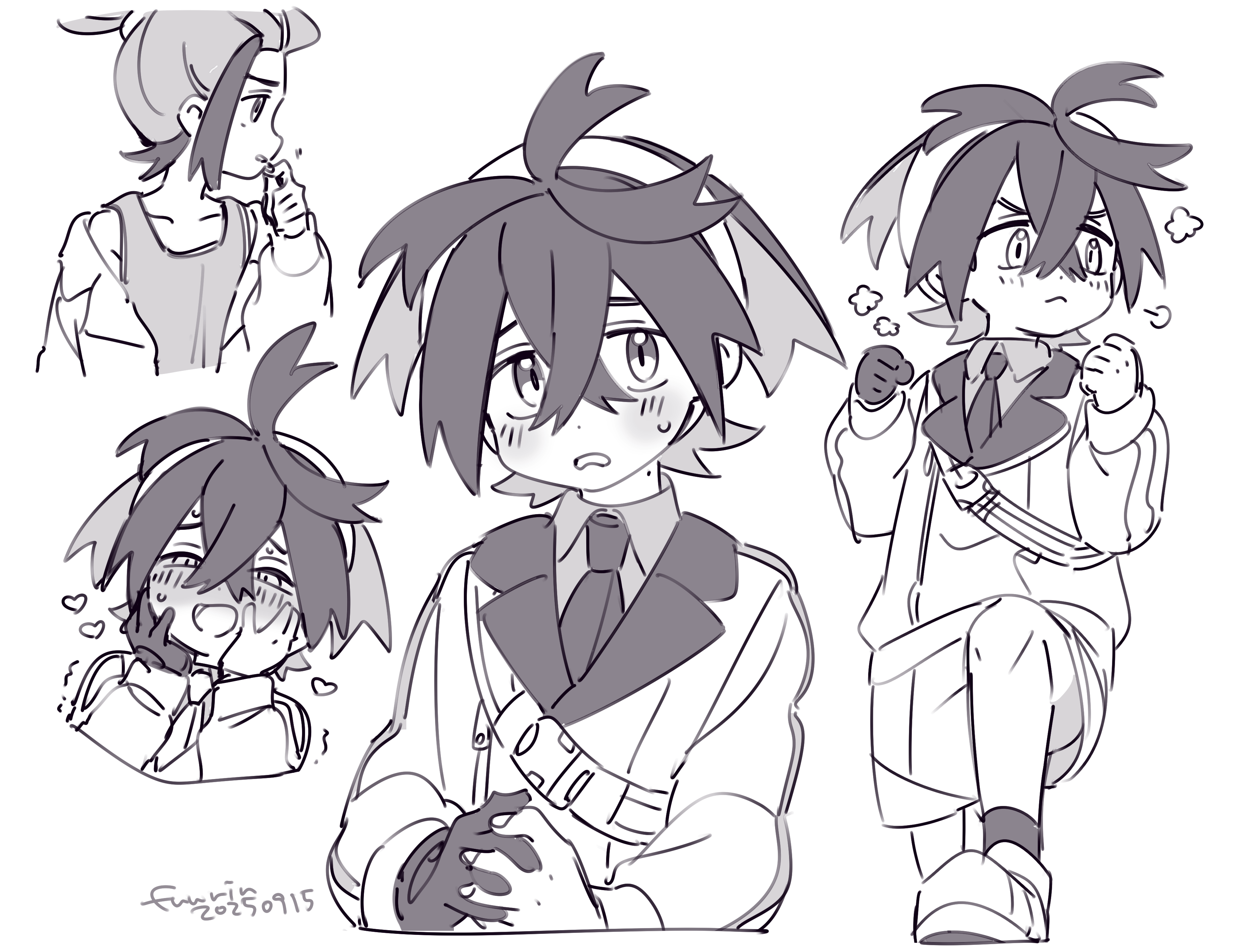 fuurin (sior fr), kieran (pokemon), nintendo, pokemon, pokemon sv, absurdres, commentary, highres, 1boy, blush, clenched hands, closed mouth, collared shirt, crossed bangs, dated, gloves, greyscale, hair between eyes, hairband, hands on own cheeks, hands on own face, heart, jacket, long sleeves, male focus, mole, mole on neck, monochrome, multiple views, open clothes, open jacket, open mouth, own hands together, puff of air, shirt, shoes, shorts, signature, simple background, single glove, socks, sweat, tank top