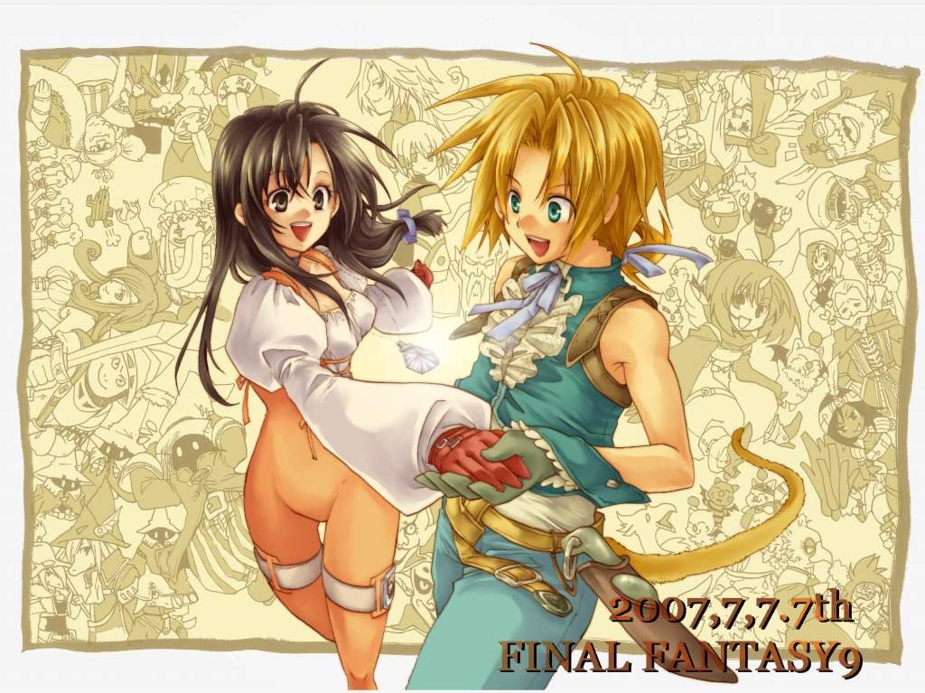niwa toriko, adelbert steiner, amarant coral, baku (ff9), beatrix, biggs (ff9), black mage (final fantasy), black waltz, blank (ff9), brahne, brahne raza alexandros xvi, chocobo, cinna (ff9), eiko carol, freya crescent, garland (ff9), garnet til alexandros xvii, kuja, lani (ff9), marcus (ff9), mikoto (ff9), mikoto (ffix), moogle, nero brothers, quina quen, ruby (ff9), sabotender, vivi ornitier, zidane tribal, final fantasy, final fantasy ix, square enix, annotation request, bad id, bad pixiv id, character request, 00s, 2007, 6+boys, 6+girls, absolutely everyone, belt, blonde hair, blue eyes, blue ribbon, bodysuit, brown eyes, brown hair, catsuit, child, copyright name, dagger, dated, everyone, gloves, green eyes, holding hands, knife, long hair, low-tied long hair, multiple boys, multiple girls, open mouth, ponytail, ribbon, skin tight, smile, suspenders, tail, weapon