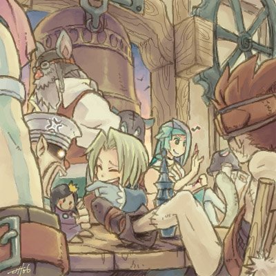 baku (ff9), blank (ff9), cinna (ff9), ruby (ff9), sjofn (mythology), zidane tribal, final fantasy, final fantasy ix, lowres, 00s, 2girls, 4boys, ^ ^, beard, bell, beret, blonde hair, blue hair, blush, boots, chair, character doll, closed eyes, creature, doll, facial hair, furry, gears, gloves, hat, headband, indoors, laughing, legs up, meeting, messy room, multiple boys, multiple girls, pants, pointy ears, red eyes, short hair, sitting, sleeping, smile, spiked hair, table, tantalus