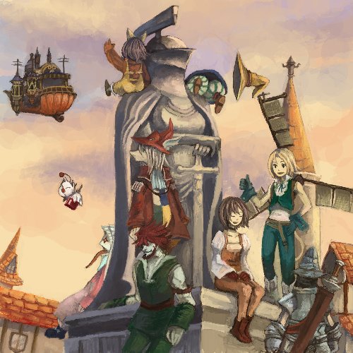 adelbert steiner, amarant coral, eiko carol, freya crescent, garnet til alexandros xvii, moogle, quina quen, vivi ornitier, vivi orunitia, zidane tribal, final fantasy, final fantasy ix, lowres, 00s, 3girls, 4boys, aircraft, airship, burmecian, child, everyone, flying, hat, multiple boys, multiple girls