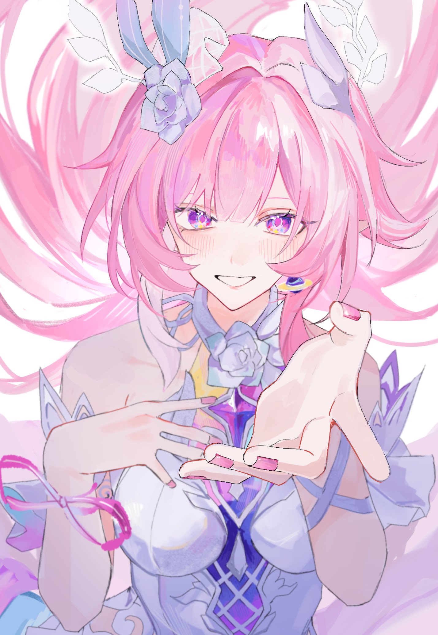 suzu (0943 su), cyrene (honkai: star rail), cyrene (ripples of past reverie) (honkai: star rail), honkai: star rail, honkai (series), bad id, bad twitter id, commentary, highres, revision, 1girl, bare shoulders, blue flower, blue rose, blush, breasts, dress, floating hair, flower, hair floating upwards, hair flower, hair ornament, hand on own chest, long hair, looking at viewer, medium breasts, nail polish, offering hand, pink hair, pink nails, purple eyes, rose, smile, solo, upper body, white dress