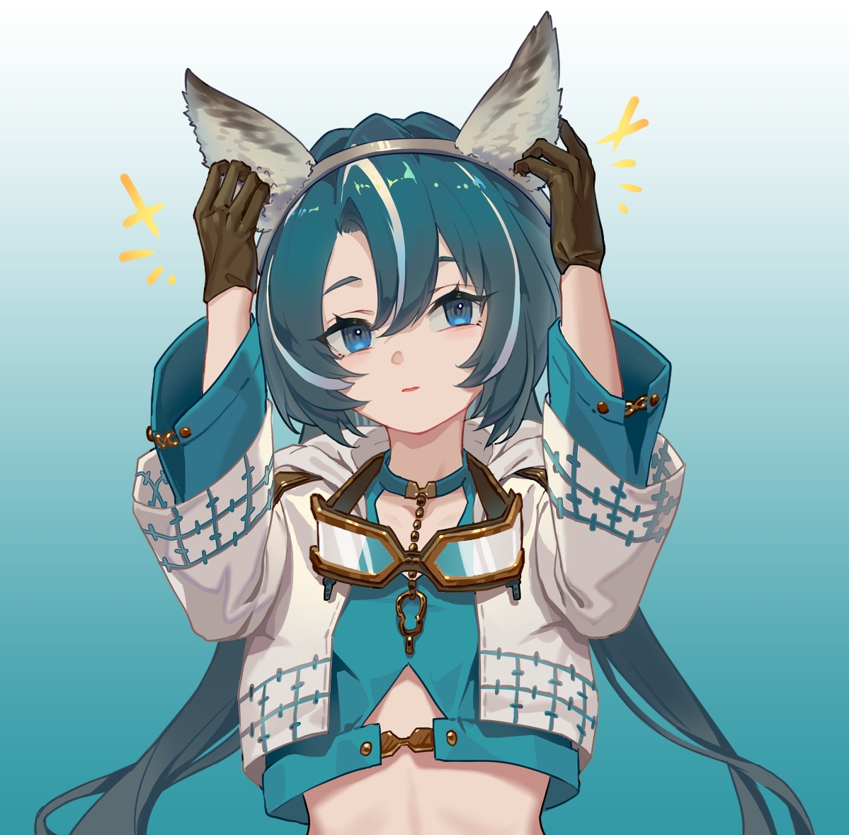 artist request, check artist, spoilers, 1girl, animal ear hairband, animal ears, aqua hair, blue eyes, brown gloves, crop top, cropped jacket, fake animal ears, gloves, goggles, goggles on headwear, gradient background, hairband, hood, hooded jacket, jacket, kemono teatime, long hair, quiche (kemono teatime), solo, turkeyoven, upper body, white jacket, wolf ears