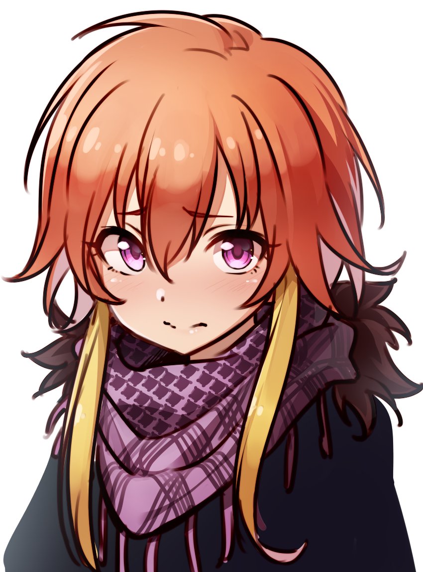 kakaobataa, ninomiya asuka, idolmaster, idolmaster cinderella girls, 1girl, blush, closed mouth, coat, embarrassed, fur-trimmed coat, fur trim, furrowed brow, long hair, looking at viewer, multicolored hair, orange hair, purple eyes, purple scarf, scarf, sidelocks, solo, two-tone hair, upper body, white background