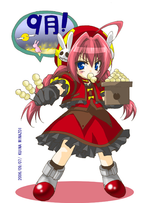 minazoi kuina, vita (nanoha), lyrical nanoha, mahou shoujo lyrical nanoha, mahou shoujo lyrical nanoha a's, 00s, blue eyes, braid, dango, food, gloves, hat, red hair, solo, twin braids, twintails, wagashi