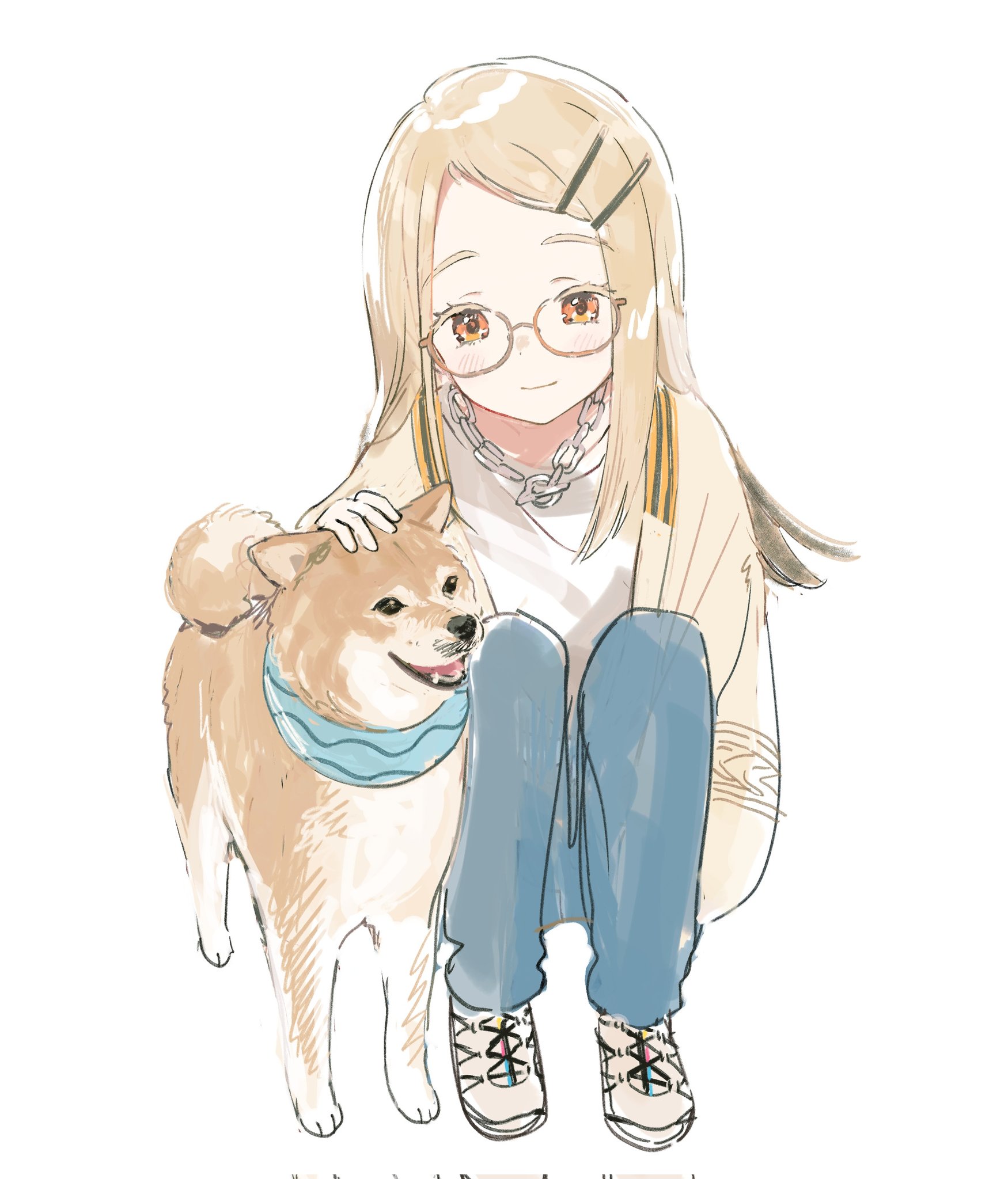 nprmtp, shinosawa hiro, gakuen idolmaster, idolmaster, highres, 1girl, animal, bandana, blonde hair, blue bandana, blue pants, blush, brown-framed eyewear, brown cardigan, cardigan, chain, chain necklace, closed mouth, colored eyelashes, dog, full body, glasses, grey hair, hair ornament, hairclip, hand up, jewelry, knees up, light smile, long hair, long sleeves, looking at animal, multicolored hair, necklace, open cardigan, open clothes, orange eyes, pants, parallel hairclips, parted hair, petting, round eyewear, semi-rimless eyewear, shiba inu, shirt, shoes, simple background, sitting, sneakers, solo, under-rim eyewear, white background, white shirt
