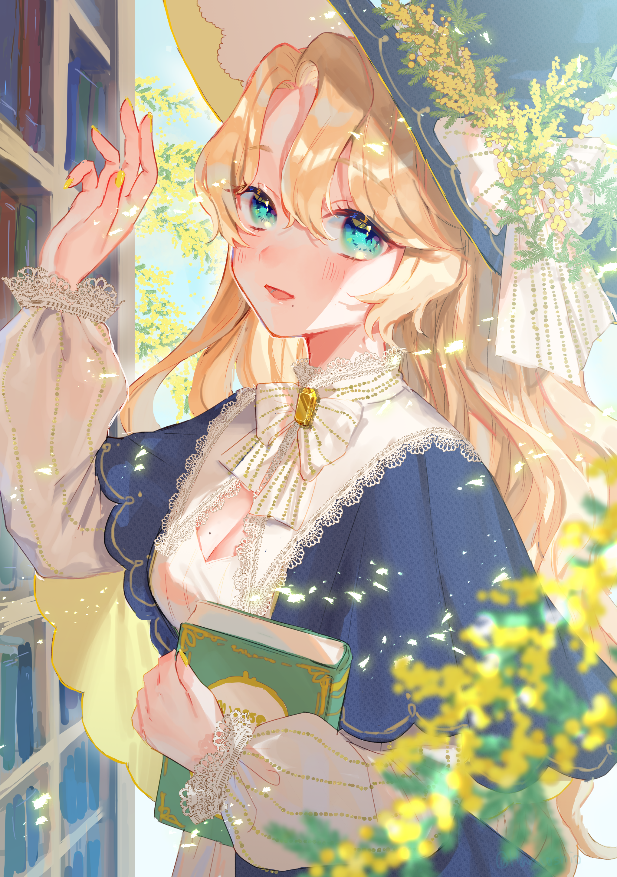 harushio, original, absurdres, commentary request, highres, 1girl, :d, blue capelet, blue dress, blue hat, blurry, blurry foreground, blush, book, bookshelf, breasts, capelet, cleavage, cleavage cutout, clothing cutout, dress, green eyes, hair between eyes, hat, holding, holding book, long sleeves, looking at viewer, mole, mole under mouth, nail polish, open mouth, parted bangs, shirt, smile, solo, upper body, white shirt, yellow nails