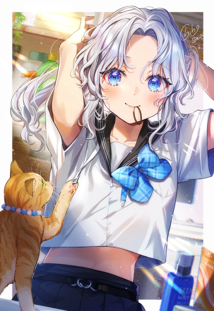 shinishi chiho, original, commentary request, highres, 1girl, black sailor collar, blue bow, blue bowtie, blue eyes, blue skirt, blush, bow, bowtie, cat, closed mouth, grey hair, hair tie, hair tie in mouth, long hair, looking at viewer, midriff peek, mouth hold, parted bangs, plaid bow, plaid bowtie, plaid clothes, pleated skirt, sailor collar, school uniform, serafuku, shirt, short sleeves, signature, skirt, smile, solo, tying hair, upper body, white shirt