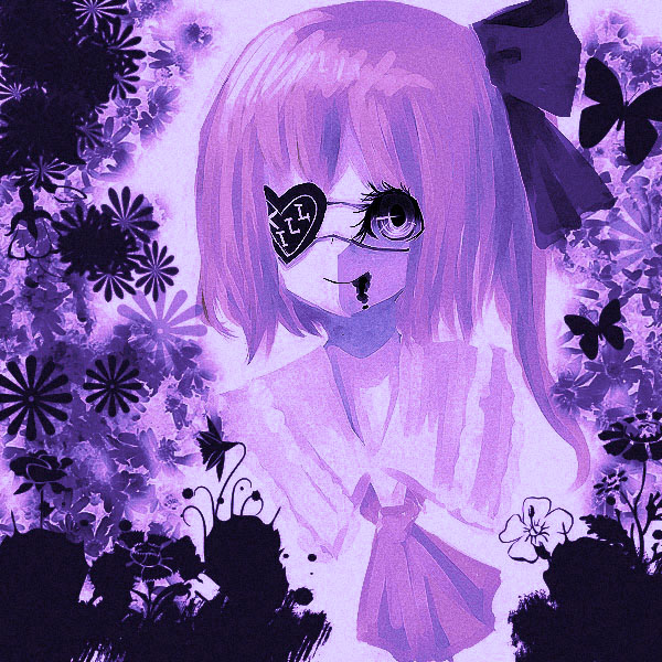 shinku (insaniti), flandre scarlet, touhou, 1girl, eyepatch, female focus, monochrome, purple theme, solo