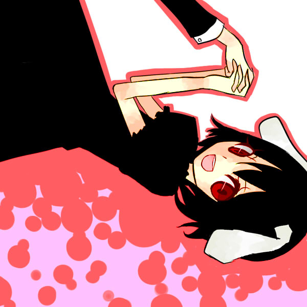 shinku (insaniti), inaba tewi, touhou, 1girl, :d, alternate color, animal ears, black hair, female focus, gradient background, holding hands, interlocked fingers, open mouth, pink background, player 2, rabbit ears, red background, red eyes, short hair, sideways, simple background, smile, solo, solo focus, white background