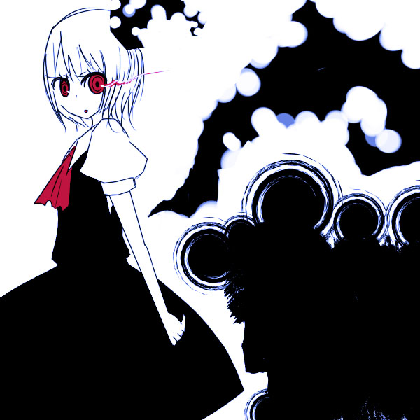 shinku (insaniti), rumia, embodiment of scarlet devil, touhou, 1girl, blue theme, darkness, eye trail, female focus, hair ribbon, light trail, monochrome, necktie, red eyes, ribbon, short hair, solo, spot color