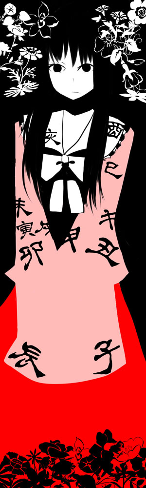shinku (insaniti), houraisan kaguya, touhou, long image, tall image, 1girl, black hair, blouse, bow, bowtie, brown hair, colored skin, female focus, long skirt, long sleeves, looking at viewer, red skirt, shirt, skirt, solo, standing, white bow, white bowtie, white skin