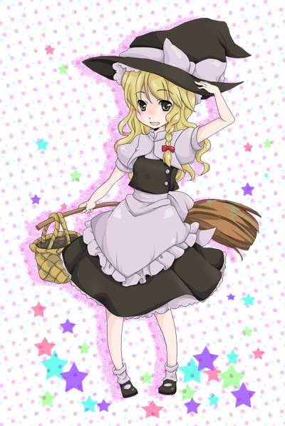 momoko (artist), momoko (kashitsuki), kirisame marisa, touhou, eyebrows, 1girl, :d, apron, basket, black hat, black shoes, black skirt, black vest, blonde hair, blush, bow, braid, broom, female focus, frilled apron, frills, full body, hair between eyes, hair bow, hand on headwear, hat, hat bow, hat ribbon, holding, holding broom, long hair, looking at viewer, mary janes, open mouth, polka dot, polka dot background, red bow, ribbon, shirt, shoes, short sleeves, skirt, smile, socks, solo, standing, star (symbol), vest, waist apron, white apron, white bow, white ribbon, white shirt, white socks, witch hat