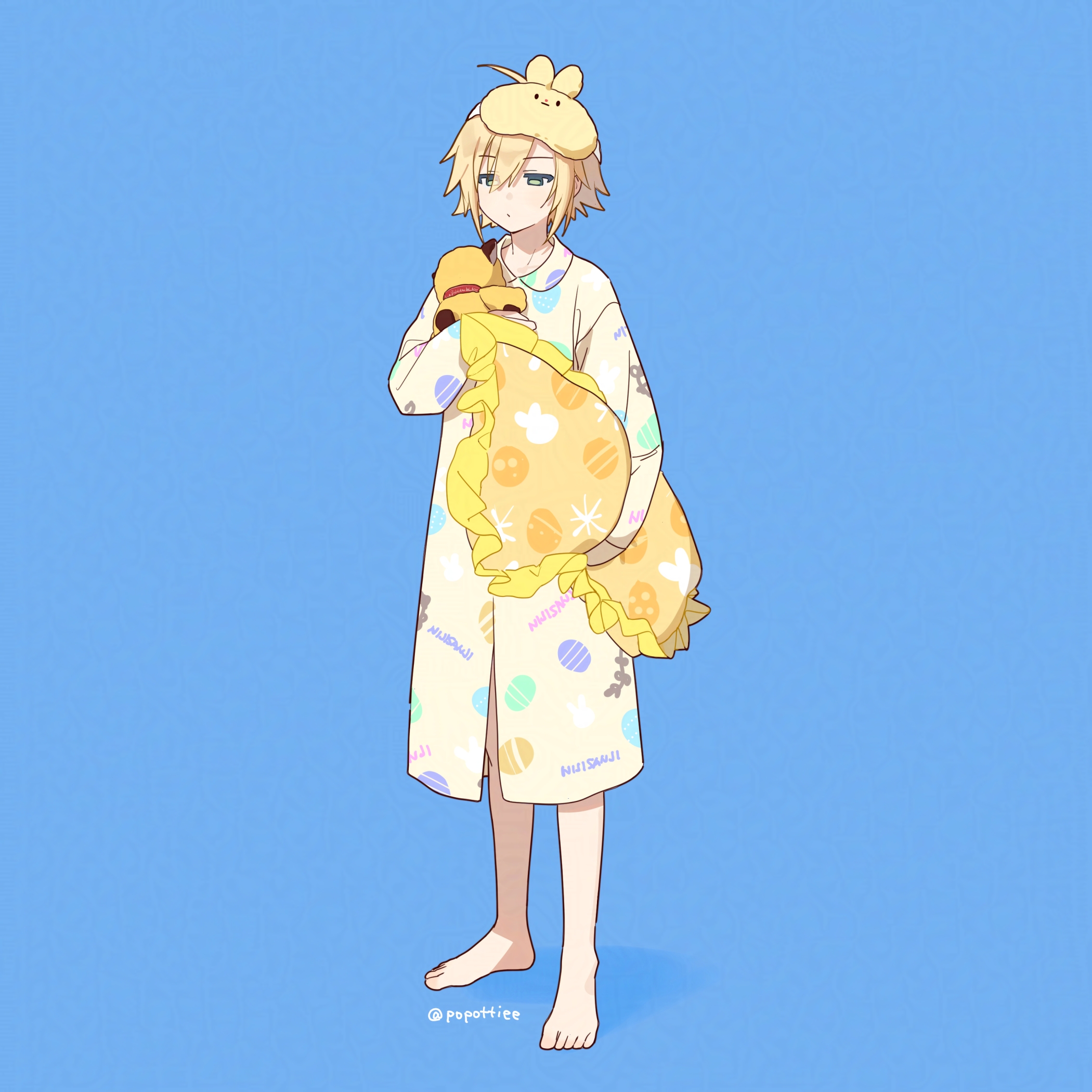 potti-p, uzuki kou, nijisanji, commentary request, highres, 1boy, alternate costume, barefoot, blonde hair, blue background, closed mouth, clothes writing, full body, hair between eyes, half-closed eyes, holding, holding pillow, long sleeves, male focus, mask, mask on head, pajamas, pillow, simple background, sleep mask, solo, standing, stuffed animal, stuffed toy, twitter username, virtual youtuber, yellow mask