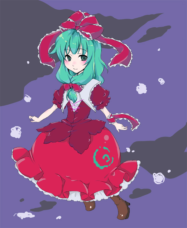 momoko (artist), kagiyama hina, touhou, 1girl, blush, boots, brown boots, collar, dress, female focus, frills, front ponytail, full body, knee boots, looking at viewer, puffy short sleeves, puffy sleeves, red dress, shawl, short sleeves, smile, solo, wrist cuffs